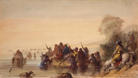 Býčí plavba na řece Platte, kolem roku 1837 (akvarel na papíře)
