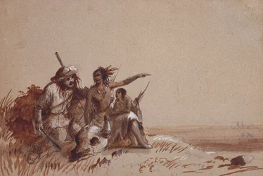 Kansaský Indián vyprávějící lovci kožešin pomocí znamení o migraci bizonů, kolem roku 1837