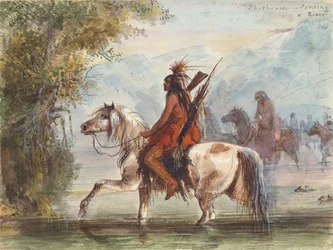 Shoshone Camp Fording a River, cca 1837 (akvarel na papíře)