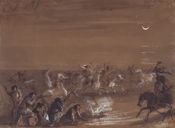 Stampede by the Blackfeet, cca 1837 (inkoust, praní a kvaš na tmavém papíře)