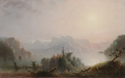 Jezero, její osamělé ňadro se rozpíná k obloze, kolem roku 1850 (olej na panelu)