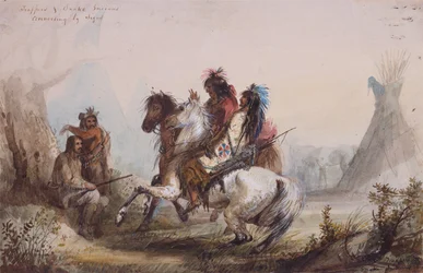 Trappers and Snake Indian Conversing by Signs, cca 1837 (tužka, akvarel a kvaš na papíře)