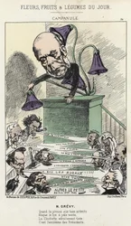 Zvonek: karikatura na Grévyho - ill. od 26/06/1871 od Alfreda Le Petita v „Květiny, ovoce a zelenina dne“