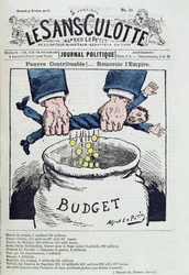 „Chudák poplatník!... Děkuj císařství“, karikatura kritizující náklady válek Druhého císařství (1852-70), z „Le Sans Culotte“