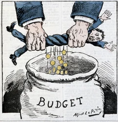 Chudý poplatníku, děkuj říši! Karikatura o daních a rozpočtu - od A. Le Petita, v «Le Sans-Culotte»