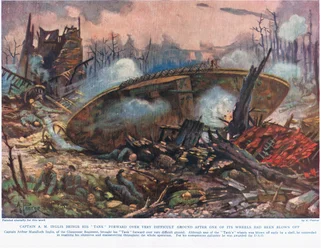 Kapitán A.M. Inglis přivádí svůj tank vpřed po velmi obtížném terénu poté, co mu prasklo jedno z kol, ilustrace z 
