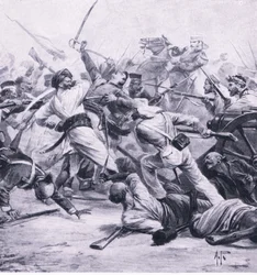 Nicholsonova porážka rebelů u Najafgarhu, 2. srpna 1857, ilustrace z britských bitev na souši a na moři, 1915