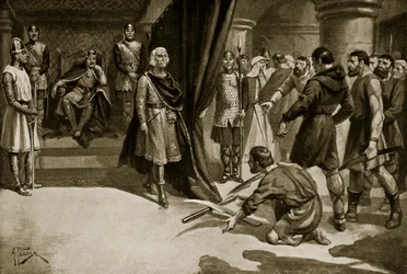 Rolníci házeli radlicemi k nohám Jindřicha I., ilustrace z „Hutchinsonova příběhu britského národa“, kolem roku 1920 (litho)