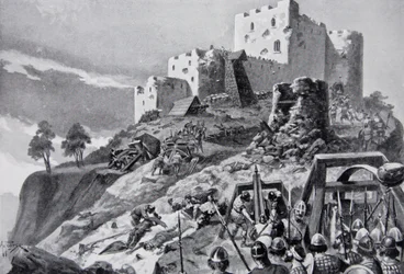 Velšský útok na hrad Montgomery v roce 1095 vedený Cadwganem ap Bleddynem, princem z Powys, ilustrace z 