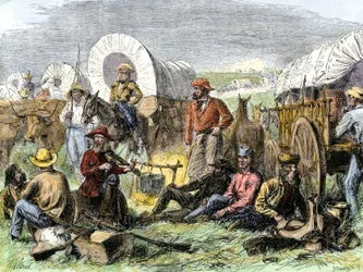 Historie osadníků ze západního Conquete: Američtí průkopníci. Tábor cestovatelů u Nočního hrobu poblíž Diligence, Spojené státy. Barevná rytina z 19. století.