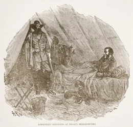 Longstreet podává hlášení na Braggově velitelství, z knižní publikace. 1896