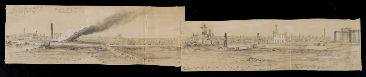 Severní čtvrť od mostu Erie Street Bridge, při pohledu na východ, během požáru v Chicagu v roce 1871 (tužka a křída na papíře)