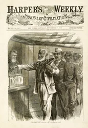 První hlasování, hospoda. Harpers Weekly, 1867