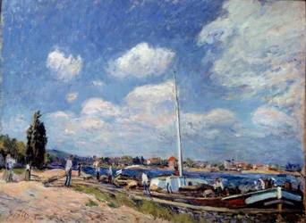 Vykládání člunů v Billancourtu. Obraz Alfreda Sisleyho (1839 - 1899)