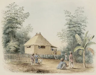 Native House Near Manila, 1842 (Wc s dotykem pera a inkoustu na krémově tkaném papíře)