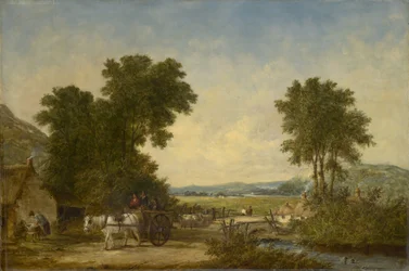 Zalesněná venkovská krajina s postavami ve vozíku, kolem roku 1855