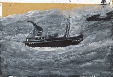 Trawler a molo (olej na kartě)
