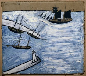 Pohled na přístav a maják v Saint Ives (Cornwall, Anglie). Olej a tužka na kartonu, autor: Alfred Wallis (1855-1942)
