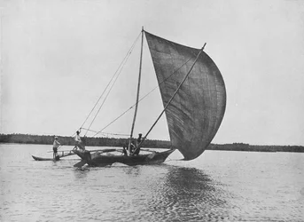 Kanoe Outrigger v plné plachtě na jezeře Negombo, c1890, 1910
