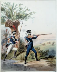 Napoleonská armáda: Císařská garda. Rytina Alfreda De Marbota (19. století) 1809. Malmaison, Hradní muzeum.