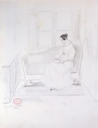 George Sand (1804-76), čtení na pohovce u okna, 1833