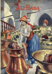 Ali Baba (a čtyřicet zlodějů). Populární příběh 1001 nocí nebo tisíc a jedné noci). Ilustrace Vaccariho a Carreyho ve sbírce “” Les beaux tales”” “” Nos loisirs””” kolem roku 1910. Soukromá sbírka.