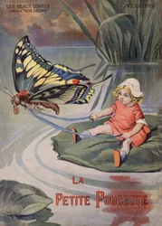 Malý Thummy. Malá holčička sedící na leknínu táhne motýla. Pohádka Hanse Christiana Andersena (1805-1875). Ilustrace Vaccariho a Carreyho ve sbírce “” Les beaux tales”” “” Nos loisirs””” kolem roku 1910. Soukromá sbírka.
