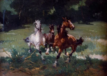 Běžící koně, malba Alfreda Tominze (1854-1936), olej na kartonu, 67x48 cm, Itálie