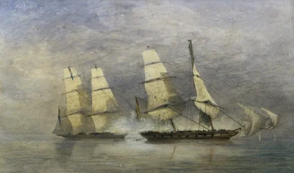 „Černý vtip“ zachycující španělskou otrokářskou brigádu „Almirante“ v zátoce Benin, 1. února 1829 (akvarel na papíře)