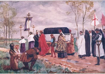 Pohřeb svatého Hugha, ilustrace z Dětských příběhů anglických ministrů, kolem roku 1920 (barevné lito)