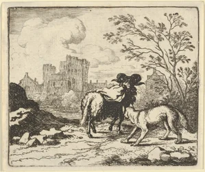 Renard posílá berana zpět lvu s balíčkem obsahujícím králičí hlavu, 1650-75.