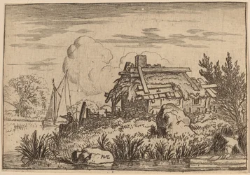 Zřícenina chaty, obklopená vodou, pravděpodobně ca. 16451656.