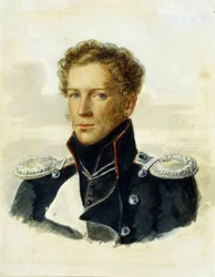 Sergey Lanskoy (1789-1832), důstojník rytířů stráže. Dílo Aloise Gustava Rockstuhla (1798-1877), akvarel na papíře