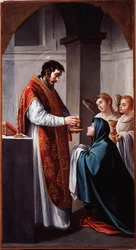 Panna přijímá přijímání sv. Jana Křtitele Obraz od Alonsa Cana (1601-1667) Genes ze 17. století, Musei di Strada Nuova (ex Palazzo Bianco)
