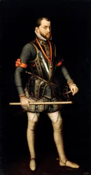 ""Portrét Filipa II. (1527-1598), španělského krále"" (Portrét Filipa II. (1527-1598), španělského a portugalského krále) Malba Alonsa Sancheze Coella (1531-1588) Olej na plátně Rozměr 187x100 cm Staatliche Museen, Berlín