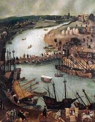 Město Sevilla. Detail přístavu a obchodní činnosti, konec 16. století