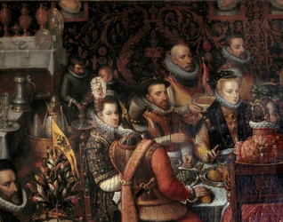 Hostina panovníků habsburského domu. Detail zobrazuje vpravo Annu Rakouskou (1549-1580), manželku Filipa II. Španělského (1527-1598), s jejím doprovodem, a vlevo infantku Isabelu Kláru Evženii (1566-1633).