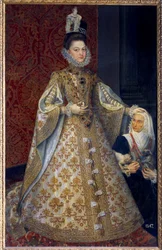 Portrét na nohou Infante of Spain Isabelle Clara Eugenie Habsburská, panovníka Nizozemska a Magdalena Ruiz Malba Alonso Sanchez Coello (1531-1588) Sun. 1,29 x 2,07 m. 1585. Madrid. Musee du Prado - celovečerní portrét dítěte