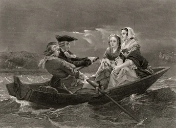Lady Harriet Ackland na cestě k návštěvě tábora generála Gatese, z „Life and Times of Washington“, svazek I, vydaný v roce 1857