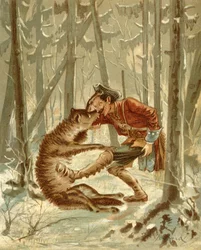 Setkání barona Munchausena s vlkem, z „Dobrodružství barona Munchausena“ od Rudolfa Ericha Raspeho (1736-94), vydané kolem roku 1886 (barevně lito)