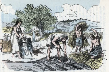 Každodenní život v pravěku: scéna zemědělské práce v době železné Rytina z „“ La nature et l