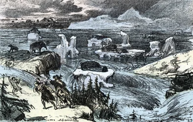Pravěk; povodně ve střední Evropě na konci doby ledové Rytina z „“Příroda a člověk“ od Rengade 1881 Soukromá sbírka