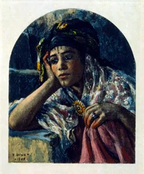 Dinetova ilustrace z knihy "Mirages" Scény z arabského života. 1906. Knihu Mirages, Scenes De La Vie Arab ilustroval Etienne Dinet s komentářem Silmana Ben Ibrahima Bamera. Nasreddine Dinet se narodil jako Alphonse-Etienne Dinet; (1861-1929) byl fren