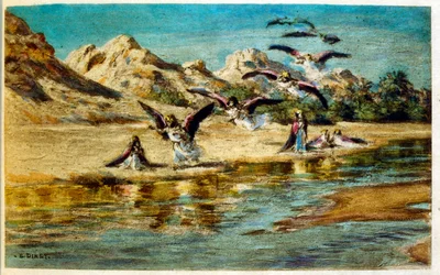 Dinetova ilustrace z knihy "Mirages" Scény z arabského života. 1906. Knihu Mirages, Scenes De La Vie Arab ilustroval Etienne Dinet s komentářem Silmana Ben Ibrahima Bamera. Nasreddine Dinet se narodil jako Alphonse-Etienne Dinet; (1861-1929) byl fren