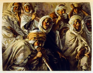 Dinetova ilustrace z knihy "Mirages" Scény z arabského života. 1906. Knihu Mirages, Scenes De La Vie Arab ilustroval Etienne Dinet s komentářem Silmana Ben Ibrahima Bamera. Nasreddine Dinet se narodil jako Alphonse-Etienne Dinet; (1861-1929) byl fren