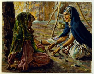 Dinetova ilustrace z knihy "Mirages" Scény z arabského života. 1906. Knihu Mirages, Scenes De La Vie Arab ilustroval Etienne Dinet s komentářem Silmana Ben Ibrahima Bamera. Nasreddine Dinet se narodil jako Alphonse-Etienne Dinet; (1861-1929) byl fren