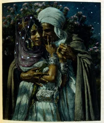 Dinetova ilustrace z knihy "Mirages" Scény z arabského života. 1906. Knihu Mirages, Scenes De La Vie Arab ilustroval Etienne Dinet s komentářem Silmana Ben Ibrahima Bamera. Nasreddine Dinet se narodil jako Alphonse-Etienne Dinet; (1861-1929) byl fren