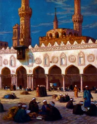 Ilustrace zobrazující učence a studenty studující na univerzitě Al Azhar. Autor: Nasreddine Dinet (Alphonse-Étienne Dinet). 1861 1929