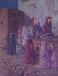 Muslimové opouštějící vesnickou mešitu v předvečer svátku Mouled, ilustrace z historie života proroka Mohameda, vydané v Paříži v roce 1918.