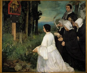 Ex-voto Ženy (v tradičních krojích Bretonky?) shromážděné před ex voto. Obraz Alphonse Legrose (1837-1911) 1860 ne. 1,74x1,97 m Dijon, Muzeum výtvarných umění